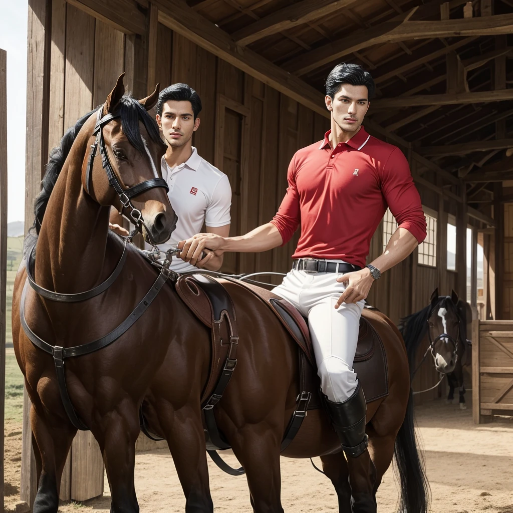 A tall 27 year old man in a red and white long sleve polo shirt and white ridding pants and knee length black boots. Holding a black horse by the harness with his left hand. He has black hair, brown eyes and light tan skin. He is muscular, athletic, and strong. In the background is a stable is a building in which livestock, especially horses, are kept.