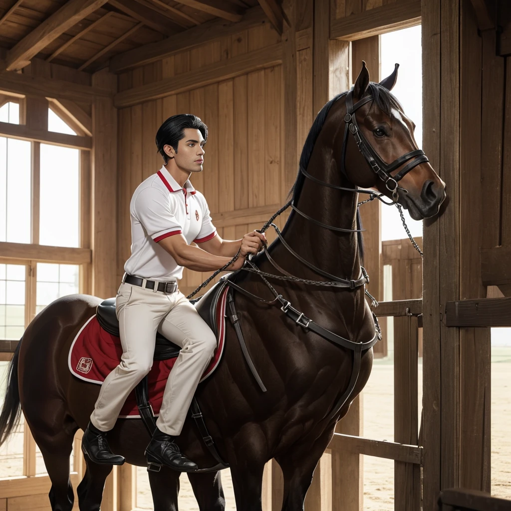 A tall 27 year old man in a red and white long sleve polo shirt and white ridding pants and knee length black boots. Holding a black horse by the harness with his left hand. He has black hair, brown eyes and light tan skin. He is muscular, athletic, and strong. In the background is a stable is a building in which livestock, especially horses, are kept.