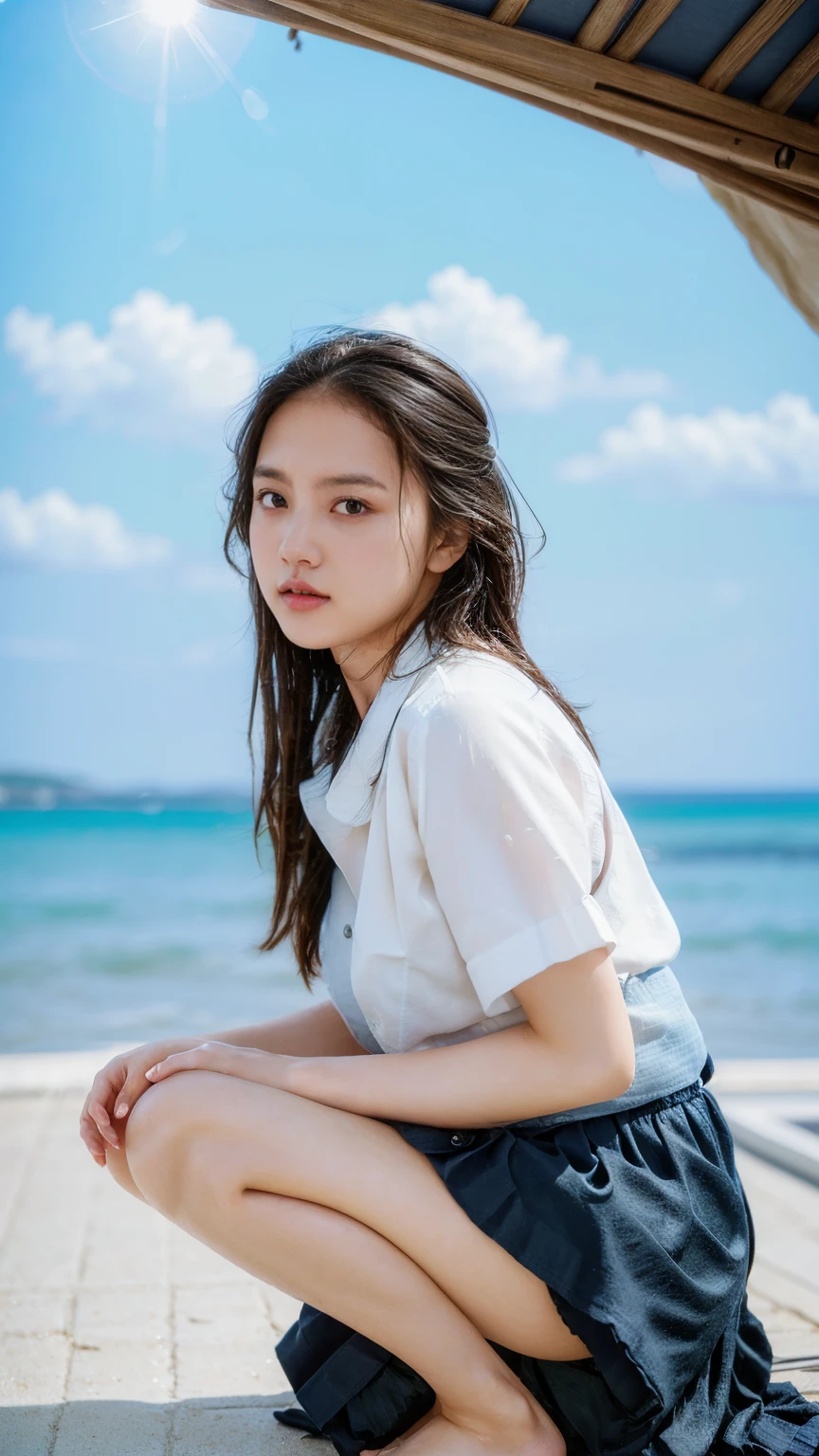 (((Top-down configuration:1.33)))、((No underwear:1.55))、One Girl、Beautiful and detailed eyes and face、barefoot、20 year old cute Japan woman, ((Extremely precise and accurate ???????:1.0)), (photo Realistic:1.4), (hyper Realistic:1.4), (最高品質のRealisticな肌の質感:1.4), (Improvement of quality:1.4), (Enhances the beauty of skin texture:1.1), Clean and glowing skin, mesh, thin:1.2, (Realistic:1.3), Realisticなライティング, (Smoother lighting:1.05), (Improving the quality of cinema lighting:0.9), Backlight, A gentle light on your face, Ray Tracing, (Bright light:1.2), 32k, One Japanese woman, fine grain, Detailed face, (Film Grain:1.1),(Accentuates body lines:1.1), High resolution, Natural look, Kind eyes, Improves hair quality, Delicate light and shadow, Transparent muscles, Graceful pose, Beautiful Eyes, Sharp details, Soft light reflection, Beautiful contours, Delicate skin tone, Fine hair texture, Natural background, (((sunny day、Beach、A strong wind is blowing、Her hair and skirt are flying、Squat, Traditional navy blue sailor uniform、Open shirt、Pleated skirt、Scooping seawater with hands:1.25、splash、Sandy Beach、Light of the sun、clear blue sea、The waves crash quietly、Blue sky and white clouds、green mountain々、Beautiful Nature、The joys of youth)))、