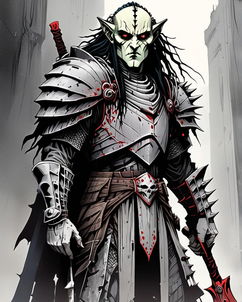 Art style by H. R. Giger, Art style by Luis Royo, Art style by Chris Foss, (Masterpiece, Top Quality, Super Detail, High Resolution, Best Illustration), Dark elf with fierce red eyes, spiky armor holding a menacing axe, high-res, detailed fantasy art, dark and sinister, red tones, intense lighting, fantasy, detailed armor, mythical, professional quality