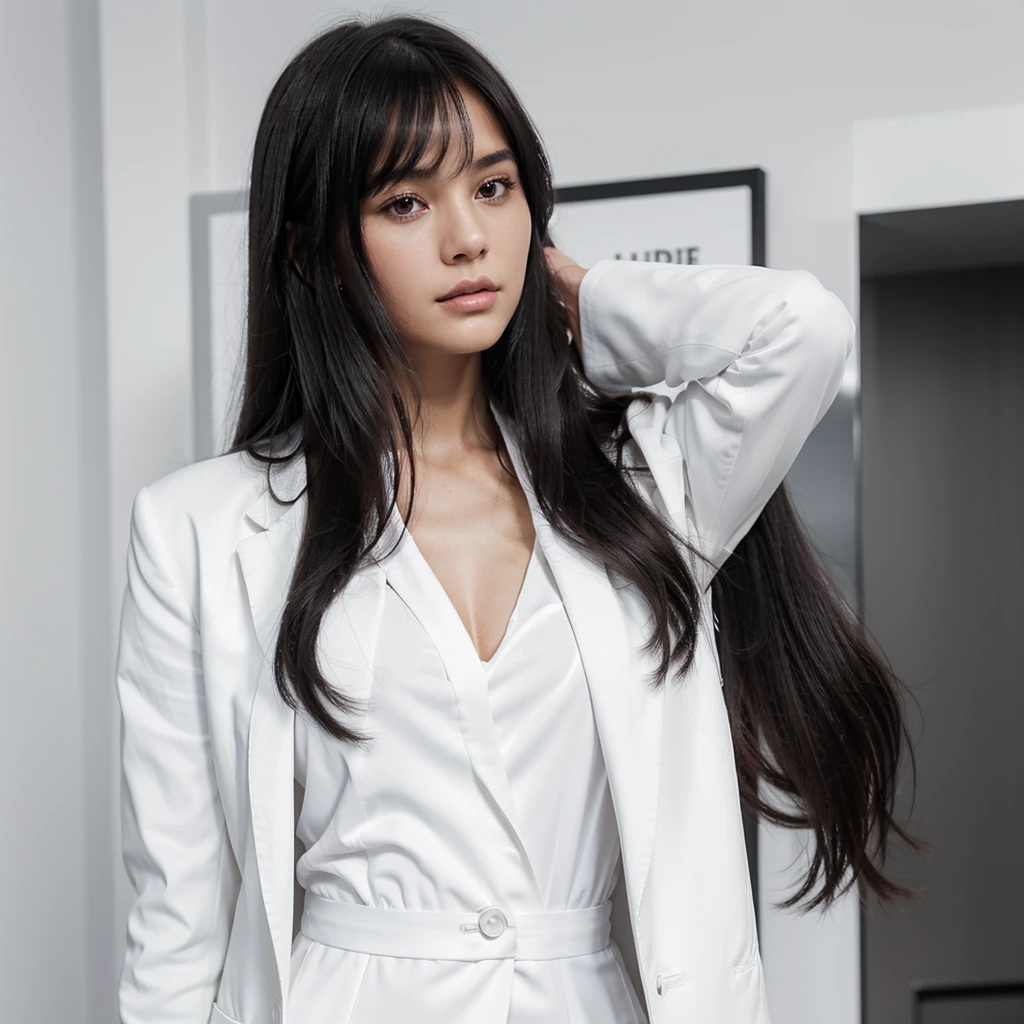 half-length shot, A woman in a white blazer, White dress, Long black hair, Subtle monochrome tone style, Shiny/Glossy solid color, Classic preppy style, Pure white background, Unique beauty, Thin face, Business pictures