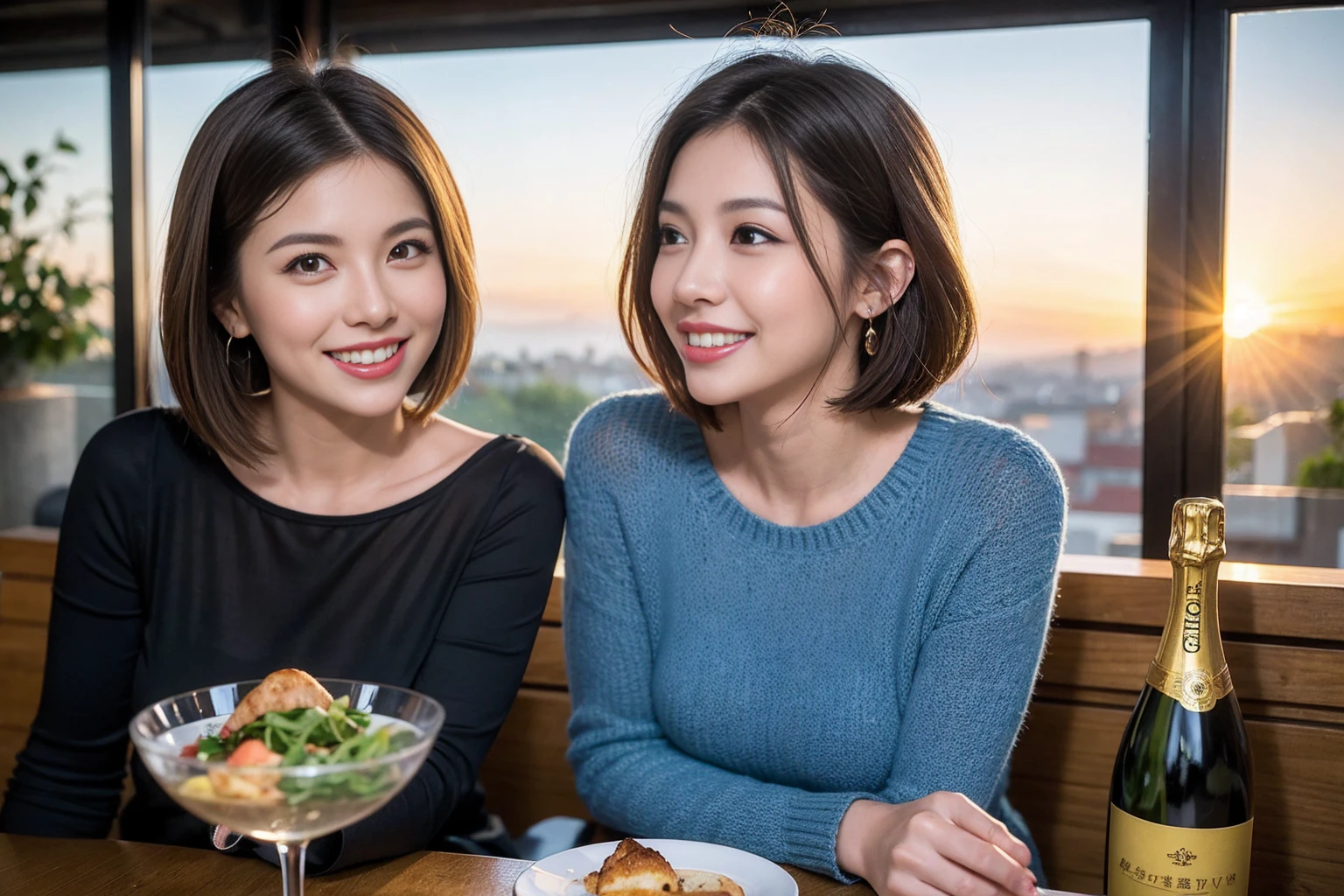 (Realistic:1.1),(masterpiece,Highest quality),8k,(40 years old), 42 years old, slimカップル、Model Couple、Actress/Actor、Tight waist,Upper Body,full-course dinner、wine 、Amazing view of the sunset sky and clouds、Perfect Anatomy, Brown Hair, Short Hair,Random Hairstyles,((Highly detailed face and eyes:1.2))(cute顔:1.4),Beautiful actress face,Perfect golden ratio face,Long sleeve shirt、dress,(smile:1.2)、Shortcuts、cute、(Realistic, Intricate details:1.2), A bright smile、short hair,Bright Face、赤wine 、Appetizers、Italian food、wine bottle、Champagne、スパークリングwine、(slimな顔), (The body is slim), (Brown Hair), (Shortcuts), Upper Body, 白wine, slim, wineグラス,