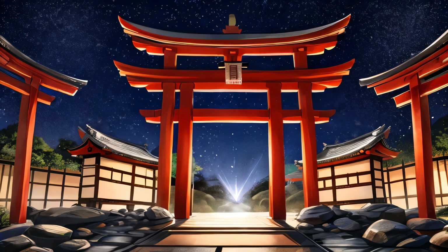 Traditional Japanese shrine during a sun shower. Torii gate glowing with spiritual energy, rain drops sparkling like stars. Ink wash painting style with subtle color accents.
