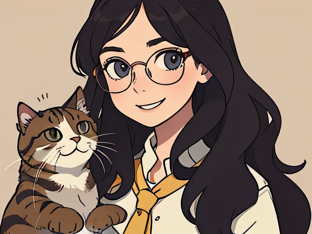 illustration, portrait of a girl having long wavy hairs, wearing spectacles, standing ,smiling, holding a cat
