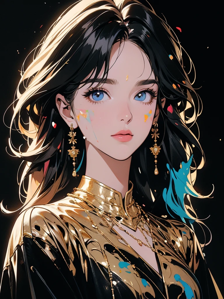 (Candid woman full head), head tilt, Brilliant, Super detailed face and eyes, Dripping Paint, Complex, wonderful, Fantastic, Gold leaf trim, Magic, Masterpiece Painting, Super detailed, Enchanting, intense, Scattered Light, constructed using the golden ratio, Awards, Perfect composition, Ultra HD, 8K, Realistic, Very detailed, One woman, (((full body))),(((black background)), (((splattering Colorful Paint)))