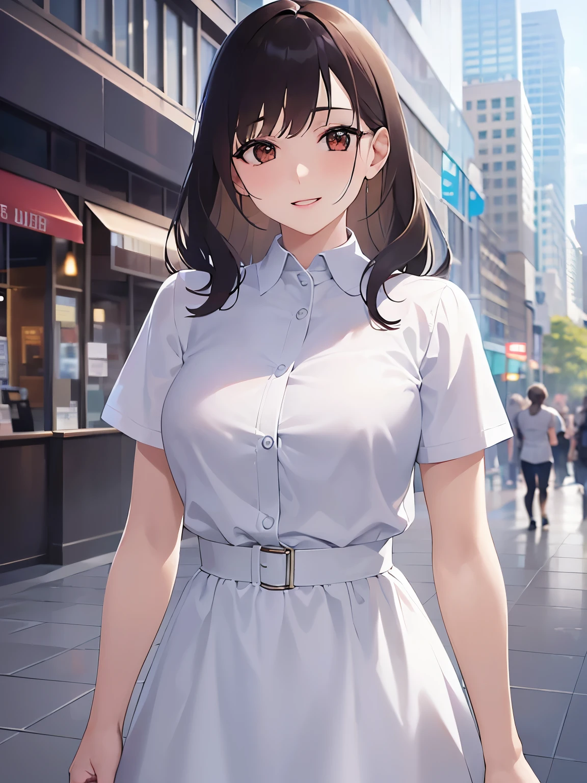 lookin at viewer,Upper Body,
Realistic, real person, (pale skin: 1.2), RAW photo, photorealistic, shiny skin, shiny hair、
(A 25-year-old woman with medium-length hair and bangs) and (wavy hair) and (brown hair) and (Orange Eyes)
, smile,
She is wearing a white dress with a collar and short sleeves,The hotel lobby in the background、Alone、Are standing
