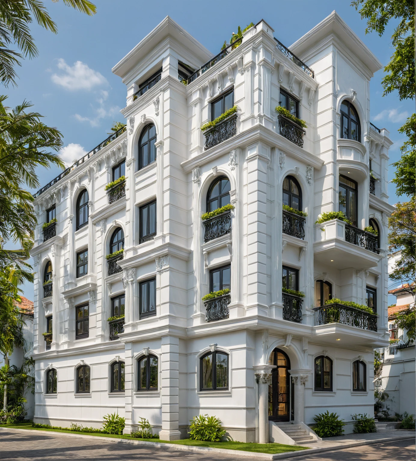 neo classical villa on street, (daylight), tropical tree, vivid colour, streetcapes, white tone, black detail, white wall, large glass door, warm interior lighting, best quality, masterpiece, ultra realistic