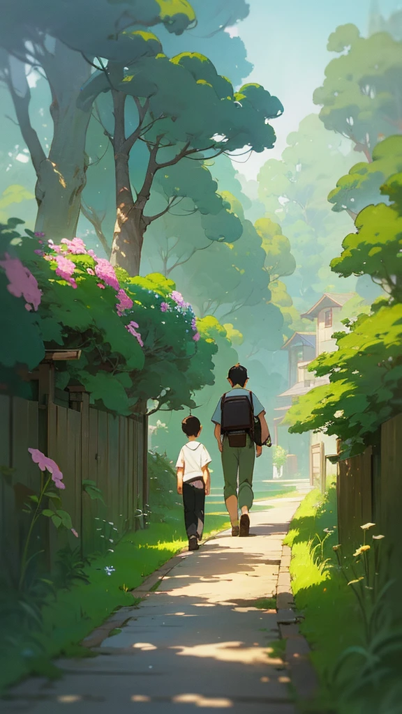 a painting of a boy walking down a path towards a house, studio ghibli & james gurney, studio ghibli artstyle, greg rutkowski studio ghibli, ghibli studio art, miyazaki's animated film, kilian eng and thomas kinkade, ghibli artstyle, studio ghibli smooth concept art, studio ghibli art style, by Miyazaki, studio ghibli concept art