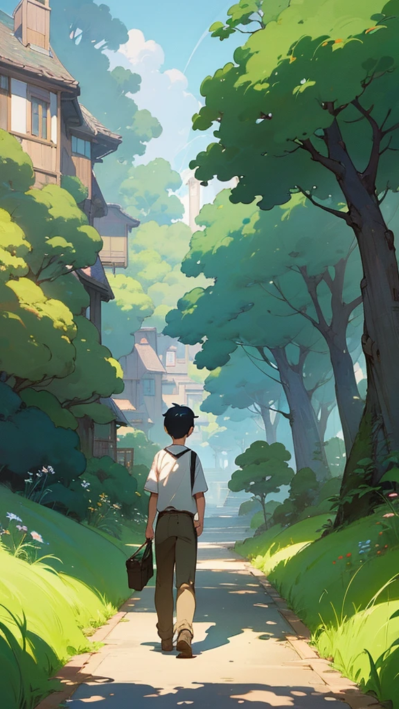 a painting of a boy walking down a path towards a house, studio ghibli & james gurney, studio ghibli artstyle, greg rutkowski studio ghibli, ghibli studio art, miyazaki's animated film, kilian eng and thomas kinkade, ghibli artstyle, studio ghibli smooth concept art, studio ghibli art style, by Miyazaki, studio ghibli concept art