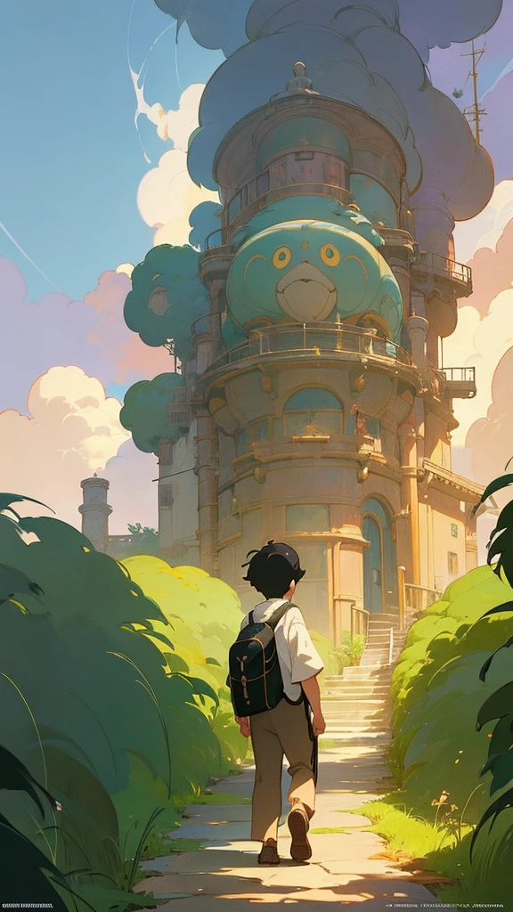 a painting of a boy walking down a path towards a house, studio ghibli & james gurney, studio ghibli artstyle, greg rutkowski studio ghibli, ghibli studio art, miyazaki's animated film, kilian eng and thomas kinkade, ghibli artstyle, studio ghibli smooth concept art, studio ghibli art style, by Miyazaki, studio ghibli concept art