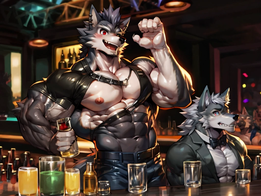 ((trending on E621, trending on Furaffinity digital media, trending on Artstation, trending on twitter , digital painting, digital media, digital paint, digital illustration, (((masterpiece))) BREAK ((by vorusuarts, by kuroma, by nullghost, by raccoon21,by rabbity,by booboo)) , BREAK (((((((muscles))))))) ((((((anthro, anthrofield, (wolf)))))) | break | handsomeface,((((((elderlyface)))))), age_up_face , (((wildface)))))))), ((((((((charming)))))))) BREAK (((((hyperpecs:1.4)))))))), (((detailed eyes,red_eyes:1.8))) | (((gray fur | finger claw | )))) | (((((((( gray hair | black eyebrow | short hair | black goatee hair | spiky_black_Ear_piercing))))))))) | BREAK (((((thick eyebrows))))) | BREAK (best quality | 8k | hi-res)) BREAK (((perfect face))) , BREAK((((((Bartender)))))),((((((nightclub_background)))) | BREAK ((random view))