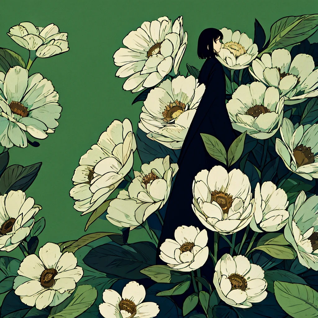 Green background, plain, simple, woman in black, flower