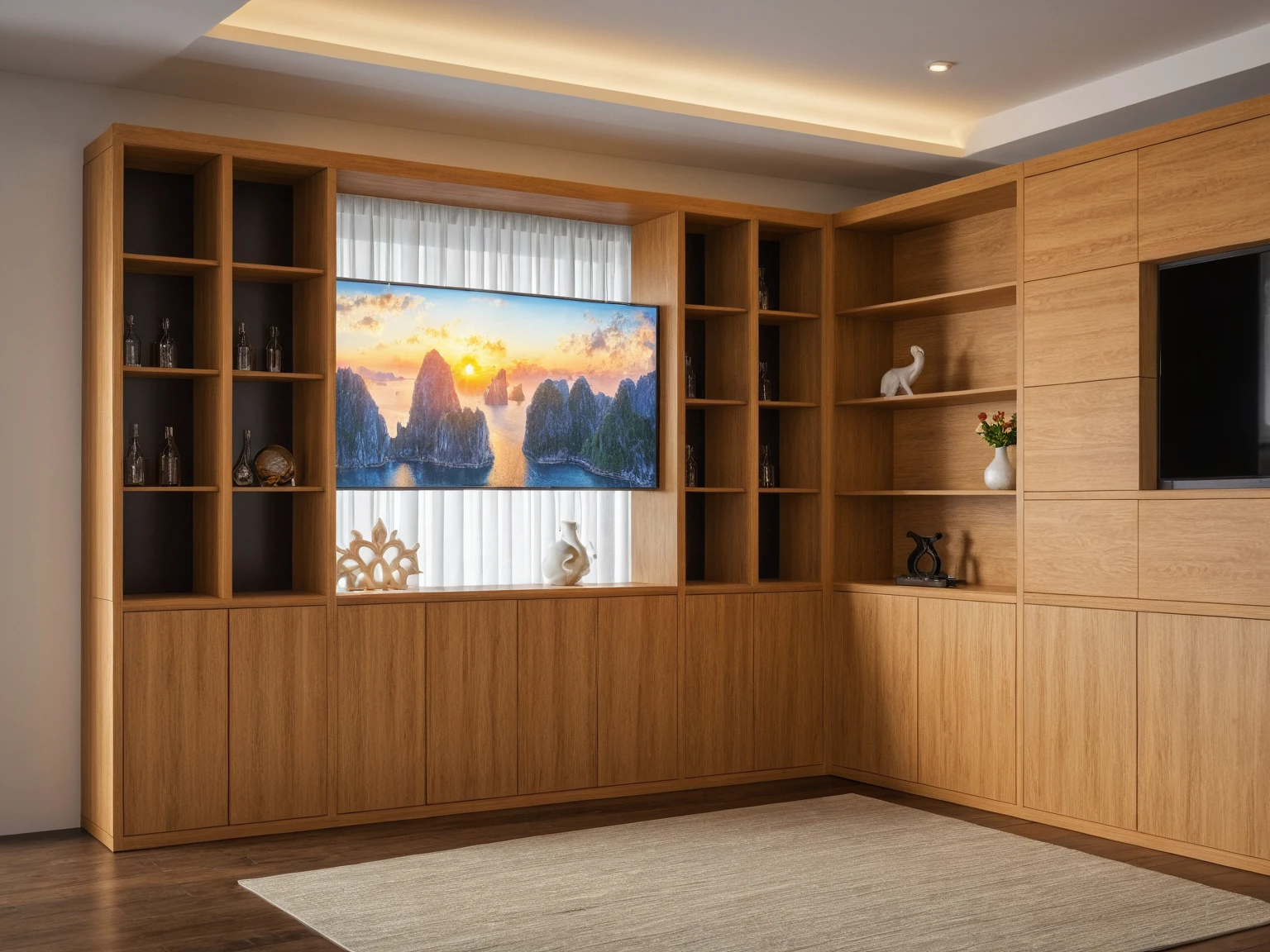 Raw photo,Masterpiece, high quality, best quality, authentic, super detail, interior, indoors, ((living room style modern luxury)), sunset, day light, sofa, table tea, carpet, cabinets, wood floor , chandeliers, windows view sea halong bay , curtains, downlight, (flower vase), decorative cabinets, wine bottles, ornaments, books,