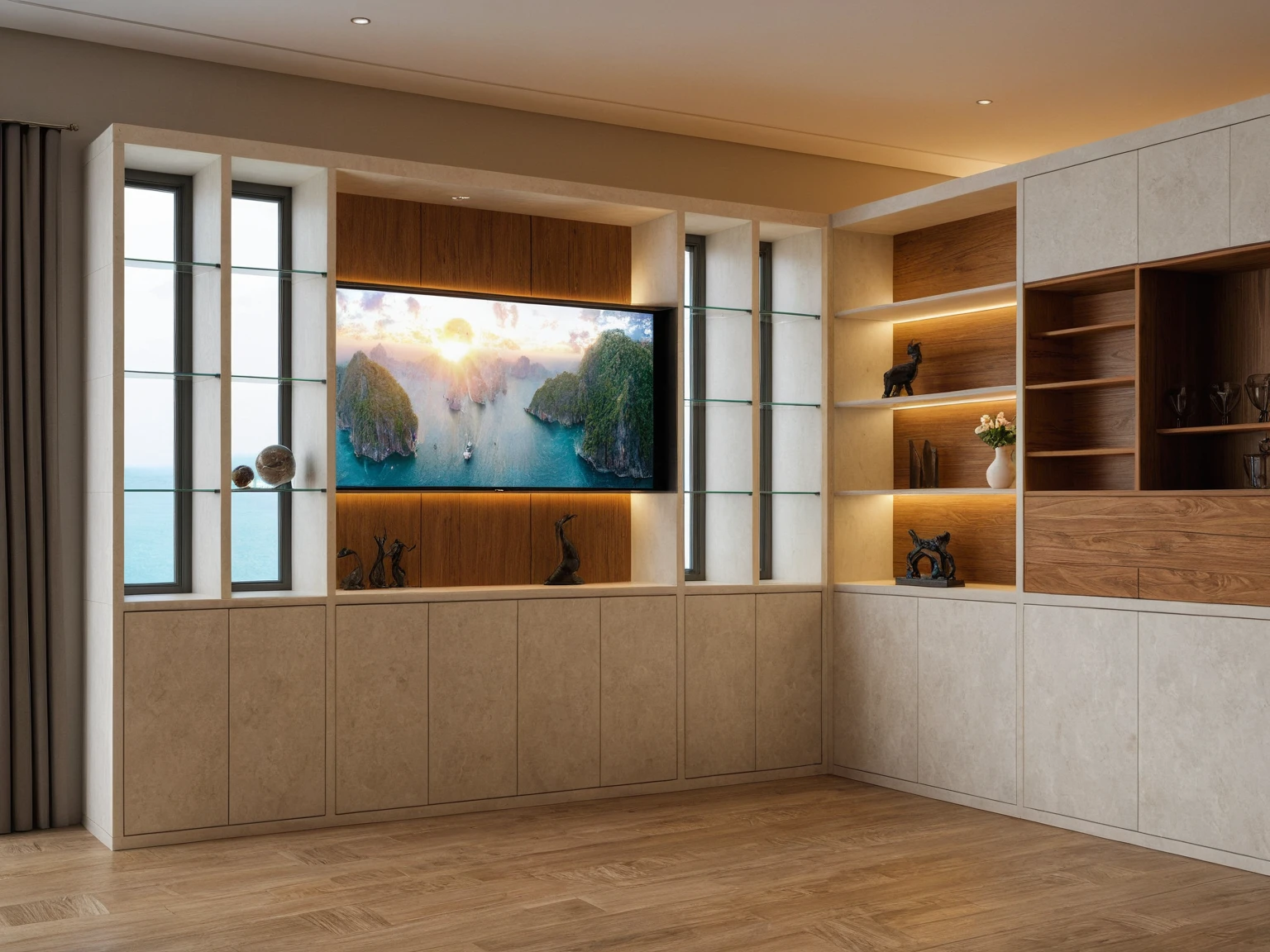 Raw photo,Masterpiece, high quality, best quality, authentic, super detail, interior, indoors, ((living room style modern luxury)), sunset, day light, sofa, table tea, carpet, cabinets, wood floor , chandeliers, windows view sea halong bay , curtains, downlight, (flower vase), decorative cabinets, wine bottles, ornaments, books,