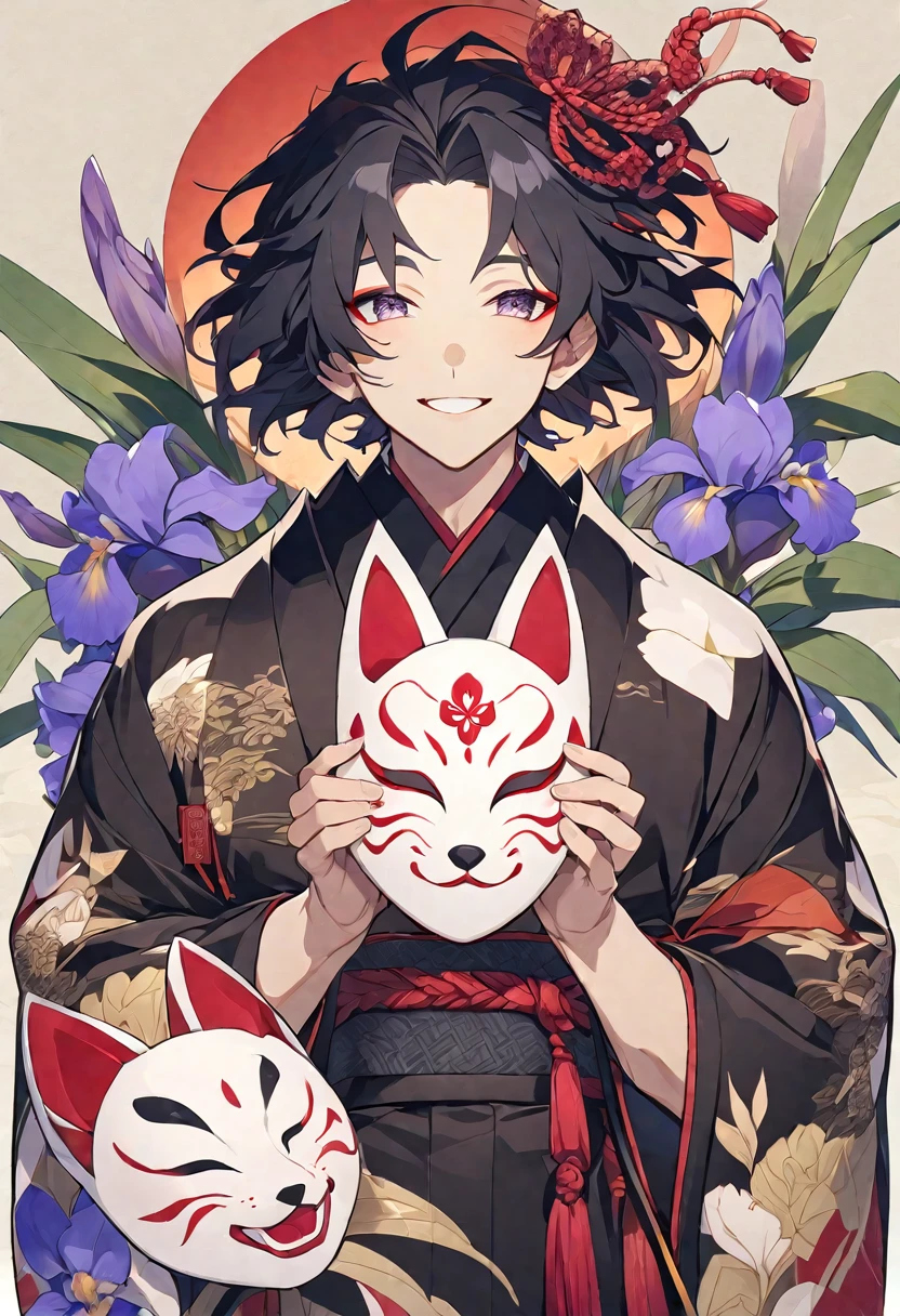 alone, Two men、Intimate atmosphere、Black Hair、 iris, Black kimono, Fox Mask Template, Smile Facial, Red Higanbana, Higanbana, Red tassel hair accessory、Yoisha