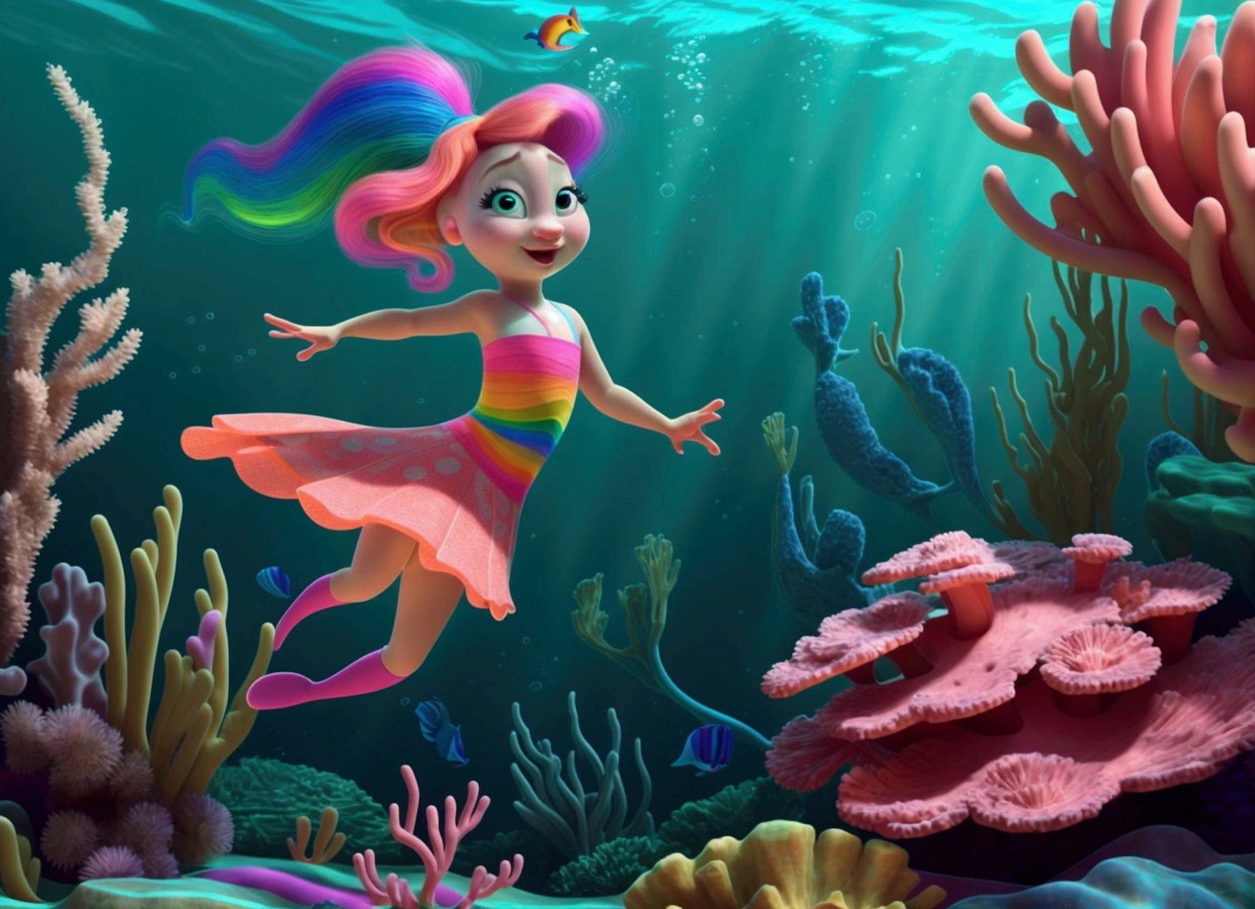  with huge, sparkling green eyes and bright, multi-colored rainbow hair swims underwater in the depths of the sea. Her hair flows around her, she jumps and pushes off with her arms and legs, moving with the grace of an experienced swimmer. In the background is a vibrant and colorful seabed, filled with exotic marine life and coral reefs, emitting bright energy. The scene is rendered in Pixar&#39;s highly detailed and vibrant 3D style, with dynamic, cinematic composition and vibrant colors, conveying beauty, the charm and motivating spirit of the scene. Specifications: 4K UHD resolution Realistic underwater environment High level of detail and brightness Dynamic, cinematic composition Focus on the little girl&#39;s unique appearance Bright and colorful rainbow hair Exotic sea life and coral reefs in the background Focus on the little girl&#39;s movements and swimming technique Lighting, highlighting the beauty and charm of the scene Incorporating Disney Pixar style for added visual appeal. anatomically correct fingers