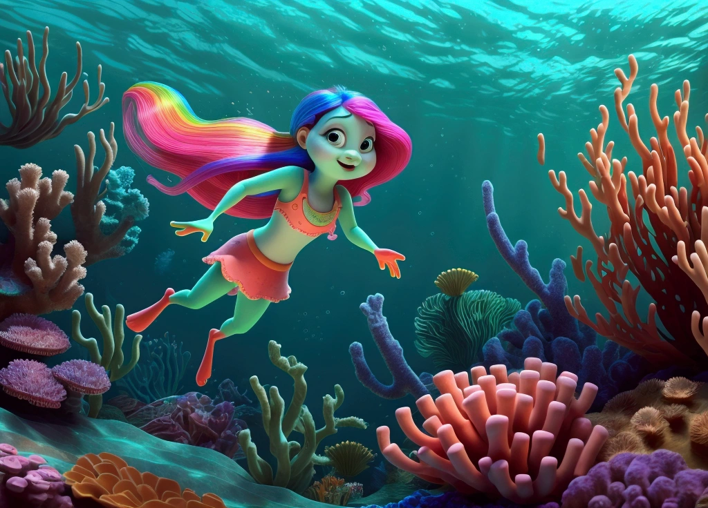 with huge, sparkling green eyes and bright, multi-colored rainbow hair swims underwater in the depths of the sea. Her hair flows around her, she jumps and pushes off with her arms and legs, moving with the grace of an experienced swimmer. In the background is a vibrant and colorful seabed, filled with exotic marine life and coral reefs, emitting bright energy. The scene is rendered in Pixar's highly detailed and vibrant 3D style, with dynamic, cinematic composition and vibrant colors, conveying beauty, the charm and motivating spirit of the scene. Specifications: 4K UHD resolution Realistic underwater environment High level of detail and brightness Dynamic, cinematic composition Focus on the little girl's unique appearance Bright and colorful rainbow hair Exotic sea life and coral reefs in the background Focus on the little girl's movements and swimming technique Lighting, highlighting the beauty and charm of the scene Incorporating Disney Pixar style for added visual appeal. anatomically correct fingers