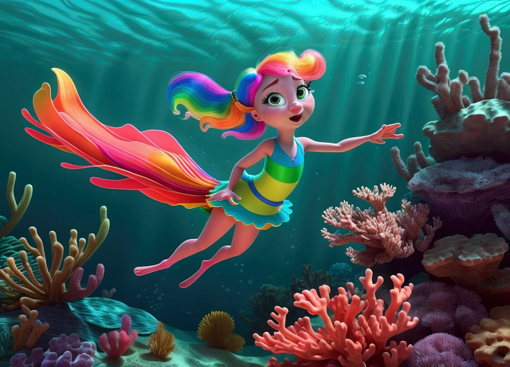 with huge, sparkling green eyes and bright, multi-colored rainbow hair swims underwater in the depths of the sea. Her hair flows around her, she jumps and pushes off with her arms and legs, moving with the grace of an experienced swimmer. In the background is a vibrant and colorful seabed, filled with exotic marine life and coral reefs, emitting bright energy. The scene is rendered in Pixar's highly detailed and vibrant 3D style, with dynamic, cinematic composition and vibrant colors, conveying beauty, the charm and motivating spirit of the scene. Specifications: 4K UHD resolution Realistic underwater environment High level of detail and brightness Dynamic, cinematic composition Focus on the little girl's unique appearance Bright and colorful rainbow hair Exotic sea life and coral reefs in the background Focus on the little girl's movements and swimming technique Lighting, highlighting the beauty and charm of the scene Incorporating Disney Pixar style for added visual appeal. anatomically correct fingers