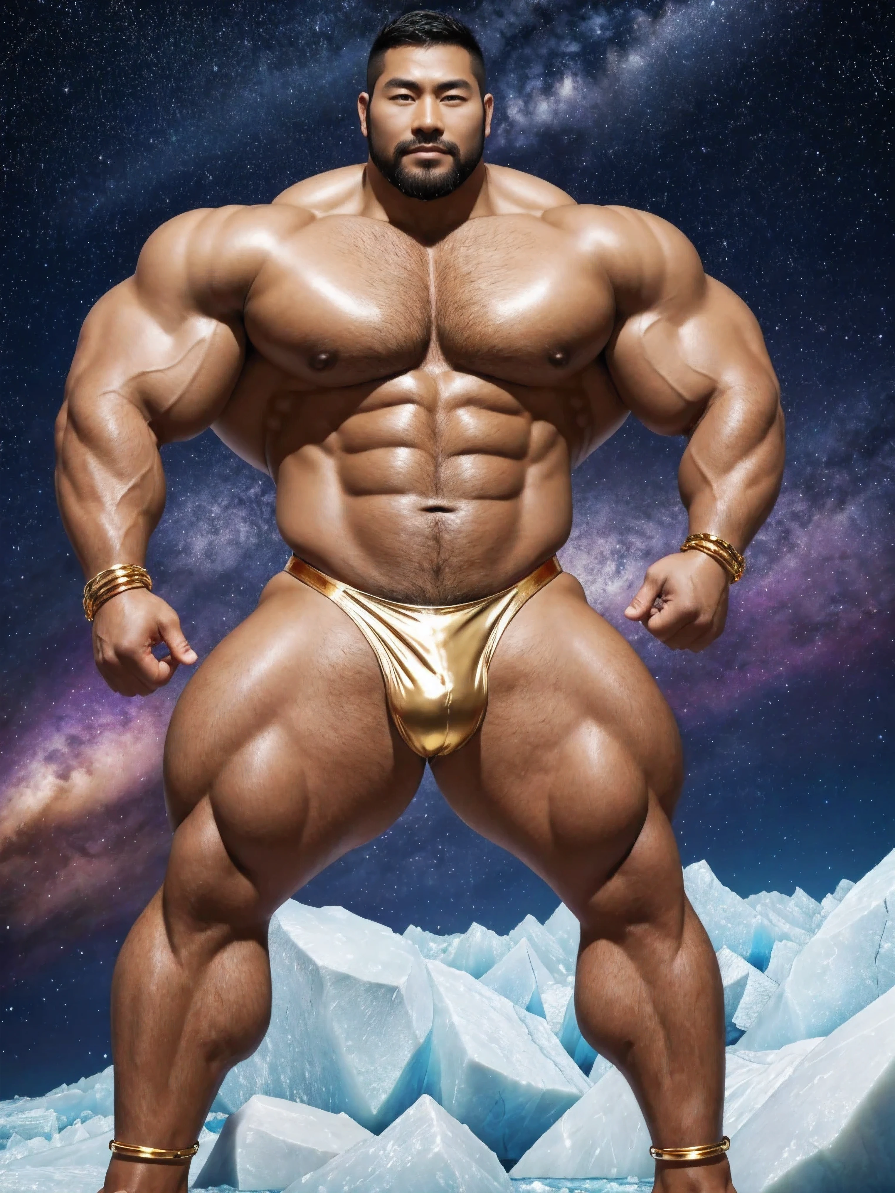 There is only one handsome Chinese man in the photo，35 years old，tall, Fitness，Smooth body，Smooth skin，No chest hair，short hair, O-Shaped Beard，Perfect body, Dark skin color，Radiant Skin，Smooth skin，Shiny, shiny skin，Smooth pectoral muscles，Muscle bulge, muscular, Very large pectoral muscles，Very sexy abdominal muscles，Very well-developed leg muscles，Huge concave and convex area，Brightens oily skin，Wearing a shiny gold leather thong，Handsome face，Normal human toes，Correct and accurate male body proportions，Gold Collar，Gold bracelet，Gold anklets，Stand on a glacier，Night sky，A sky full of stars，There are auroras，Colorful，Charming dream scene，Epic。
