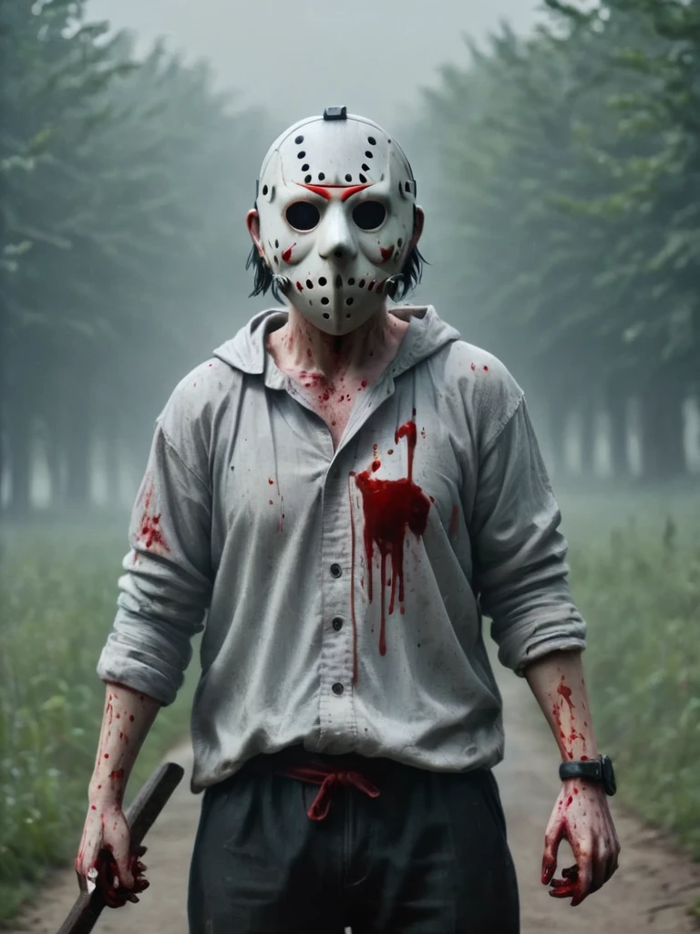 Ultra HD、4k、Attacking people、Full Body Shot,Jason,Wearing a hockey mask,Has a machete、Blood splatter on the body、Tattered clotheuscular body,Give the viewer a malicious look, Grabbing Viewer, For the viewer,Misty marshland background
