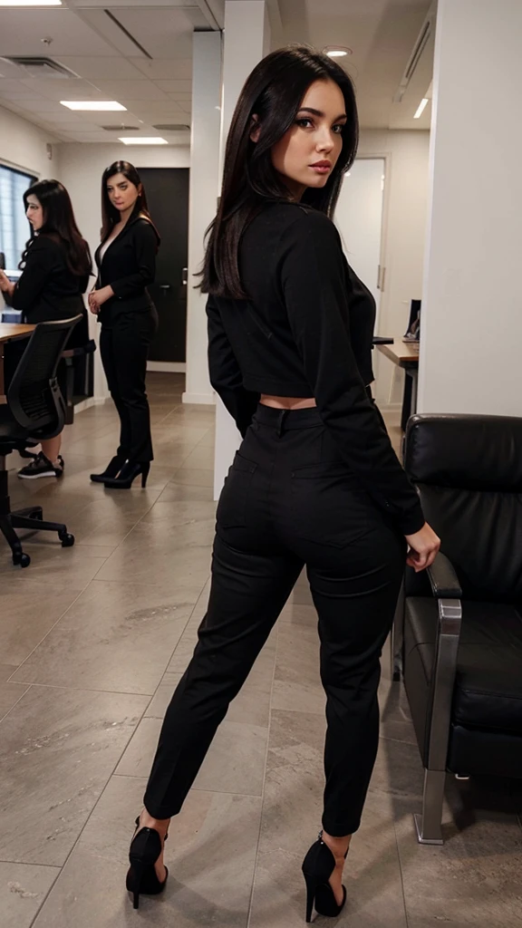 Brunette using a grey tight caffarena. straight black hair. black office pants. black stilettos. slightly turned back. Instagram style photo, detailed face