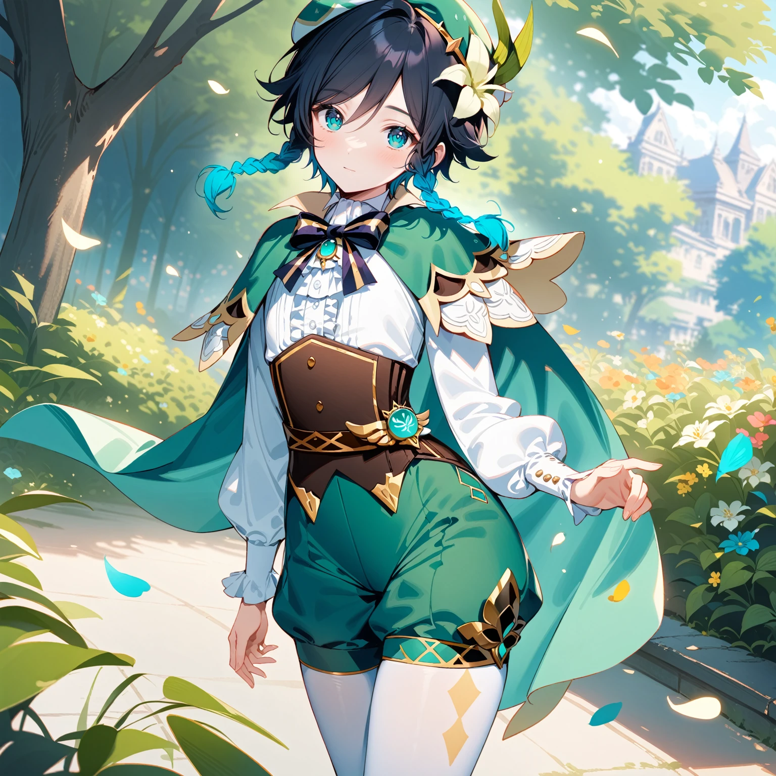 (best quality,4k,8k,highres,masterpiece:1.2),1boy,venti genshin impact,male focus,flat chest,ultra-detailed,realistic:.5,(dsmile:0.5),morning of spring,delicate light rays,rich color palette,elegant curves,effects of light and shadow,flower petals falling,springtime essence,ethereal atmosphere,peaceful garden background,morning dew,soft sunlight filtering through trees,lush plants,komorebi,vividly colored blossoms,transcendent beauty,awe-inspiring artwork,white long-sleeved shirt, brown corset,green shorts, white tights,green cape,hat,brooch,green eyes,wise and kind god,cinematic lighting, ray tracing, UHD, high details, high quality, award winning, super detail,wind magic