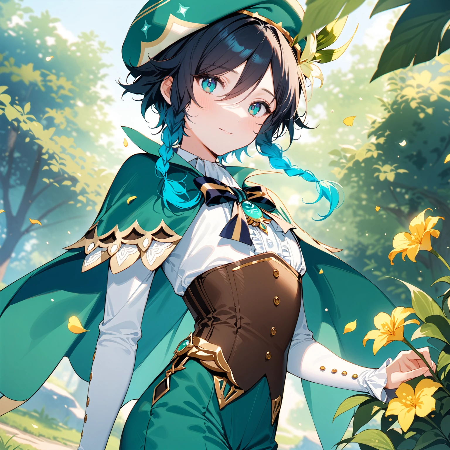 (best quality,4k,8k,highres,masterpiece:1.2),1boy,venti genshin impact,male focus,flat chest,ultra-detailed,realistic:.5,(dsmile:0.5),morning of spring,delicate light rays,rich color palette,elegant curves,effects of light and shadow,flower petals falling,springtime essence,ethereal atmosphere,peaceful garden background,morning dew,soft sunlight filtering through trees,lush plants,komorebi,vividly colored blossoms,transcendent beauty,awe-inspiring artwork,white long-sleeved shirt, brown corset,green shorts, white tights,green cape,hat,brooch,green eyes,wise and kind god,cinematic lighting, ray tracing, UHD, high details, high quality, award winning, super detail,wind magic