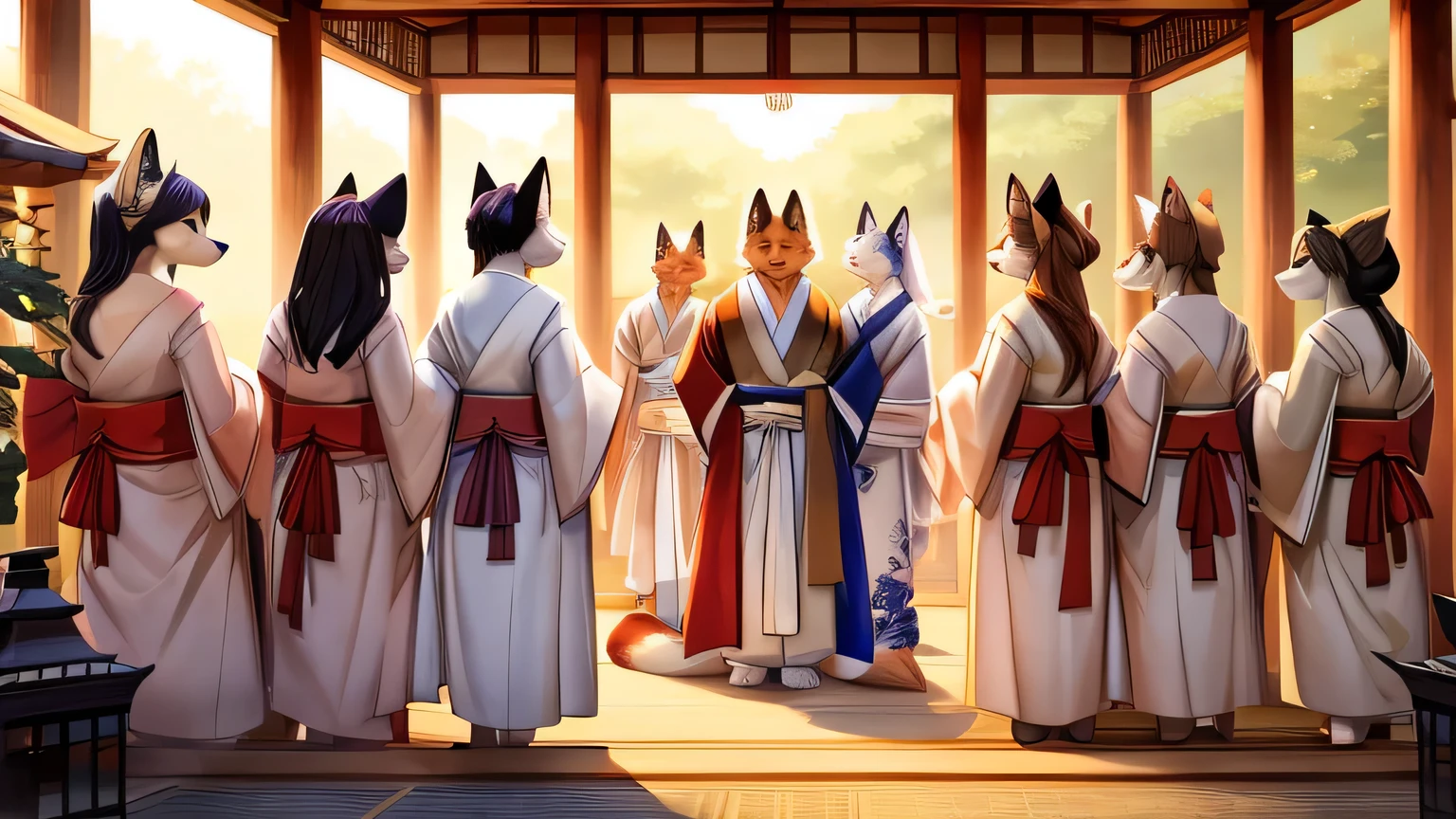 Ethereal procession of fox spirits under a sun shower. Fox bride in traditional Japanese wedding kimono, surrounded by fox attendants. Ukiyo-e inspired digital illustration.