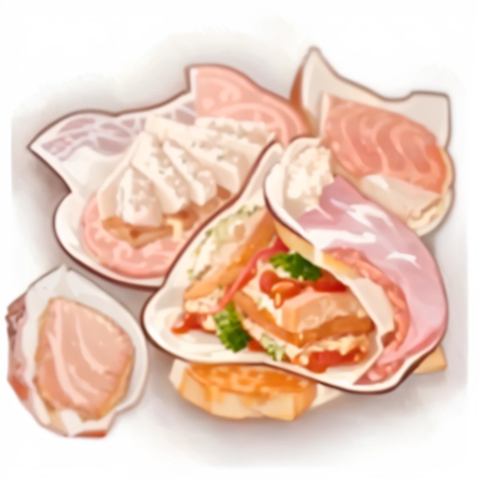 Sandwiches with meat and vegetables on a plate close up, ( Surreal, Sauce, ( Surreal ), [ [ Surreal主义 ] ], [ Fragments, chicken, abalone, High Detail), ❤🔥🍄🌪, The texture of the meat, ready to eat, screensaver, Granular, Guande, X