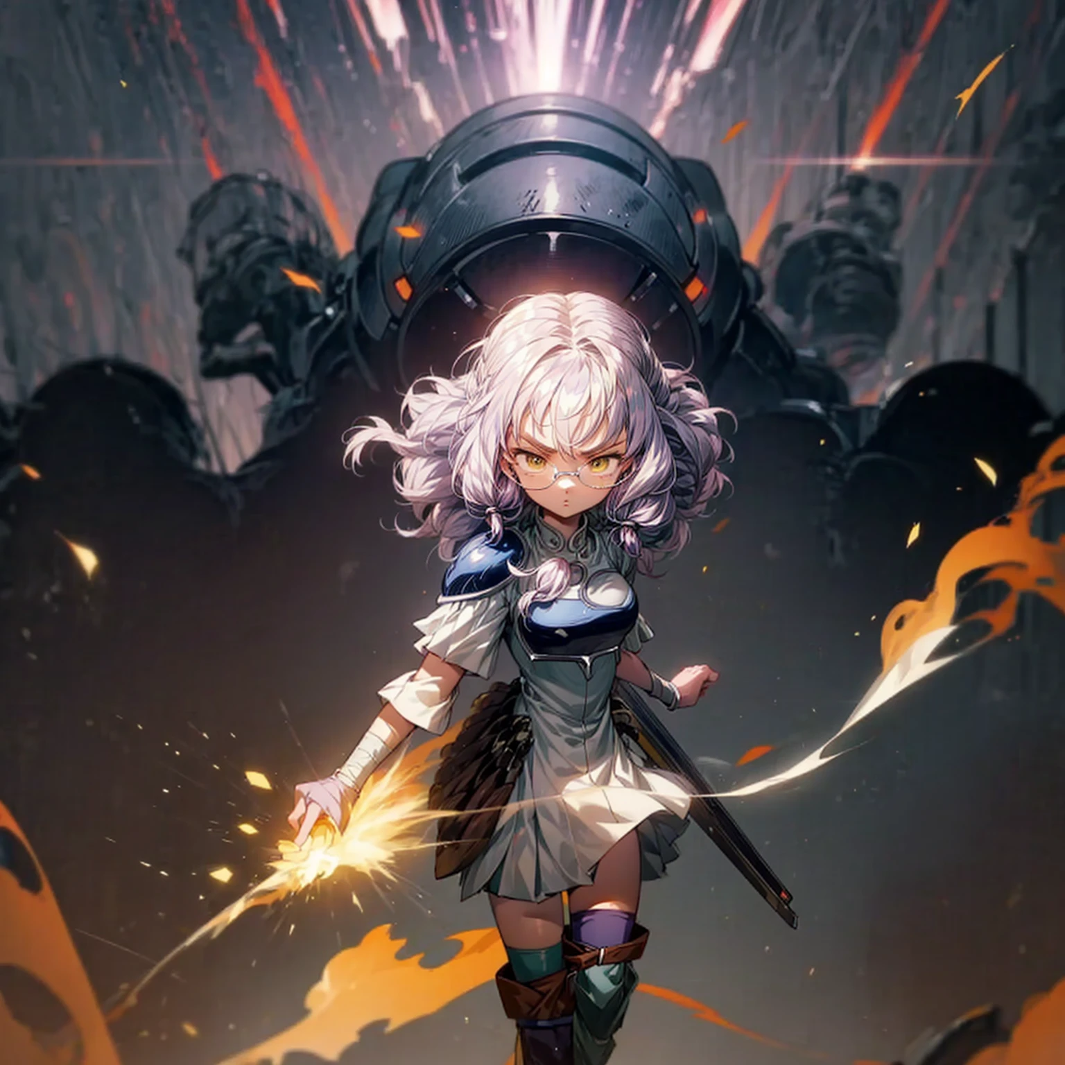 1tall girl, 1character, gold eyes, long Curly haircut, lavender color hair, army style clothing, white glasses, Long socks, boots army,  full iron armor, bandage on hand, Grassroots, background in top of the building, motion blur, (dragon ball style art), Big robot gun in hand, smoke effect, aura effect, Fire, lighting fire, plasma effect, fire city, (half body view version, angry eyes)