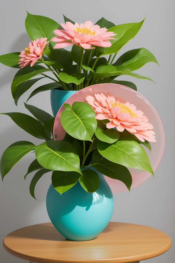 An illustration of a cute plant, with large, rounded leaves, in a colorful vase. The plant must have a cartoon style, with vibrant colors and a simple, cheerful background.