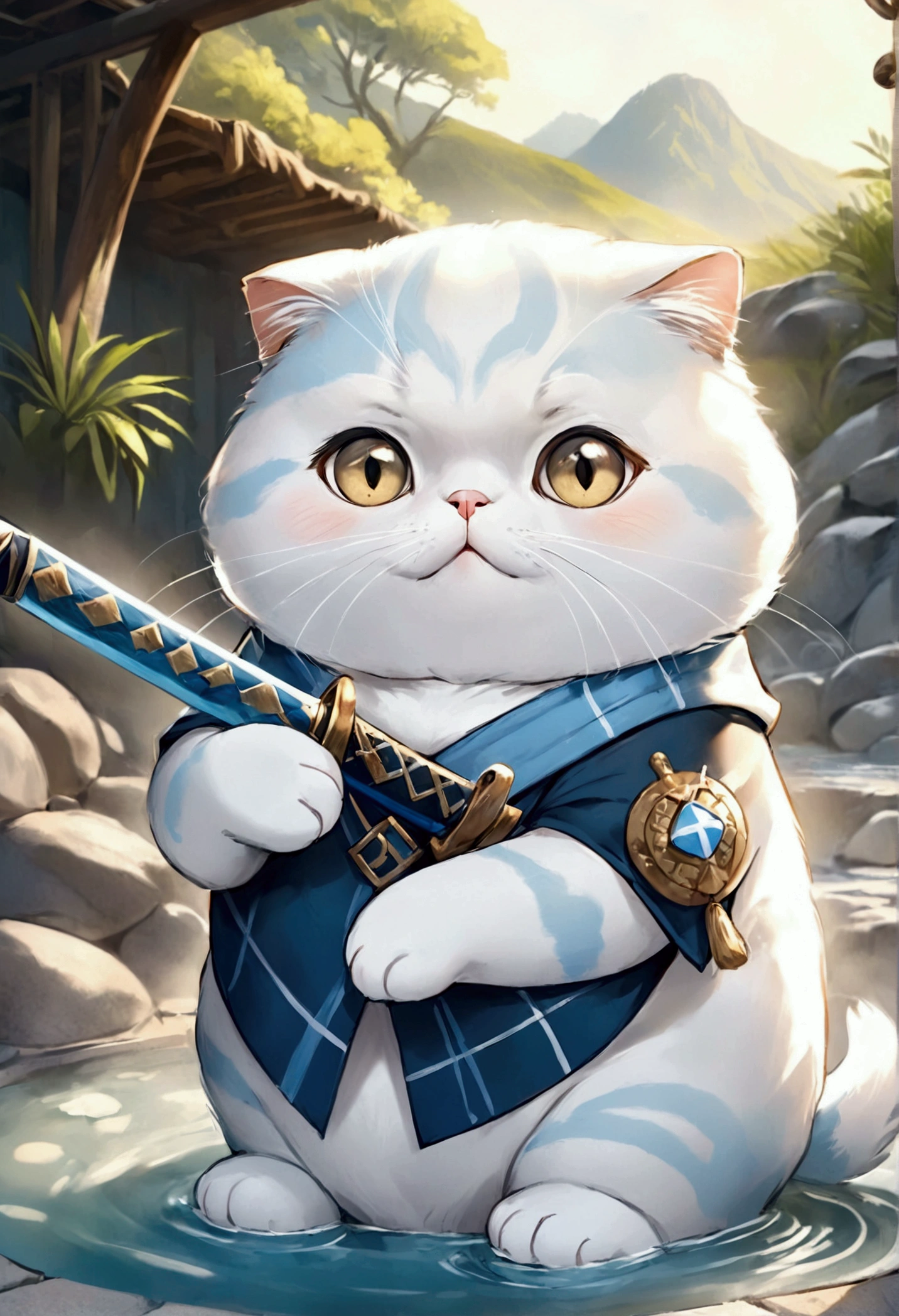 cute adorable Scottish fold lightblue fat cat holding sword, at hot spring, write word "UNC" on chest, adorable digital painting, realistic fantasy art, beautiful digital art
