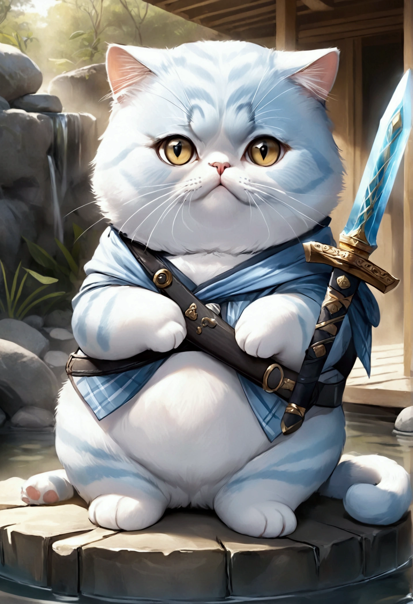 cute adorable Scottish fold lightblue fat cat holding sword, at hot spring, write word "UNC" on chest, adorable digital painting, realistic fantasy art, beautiful digital art