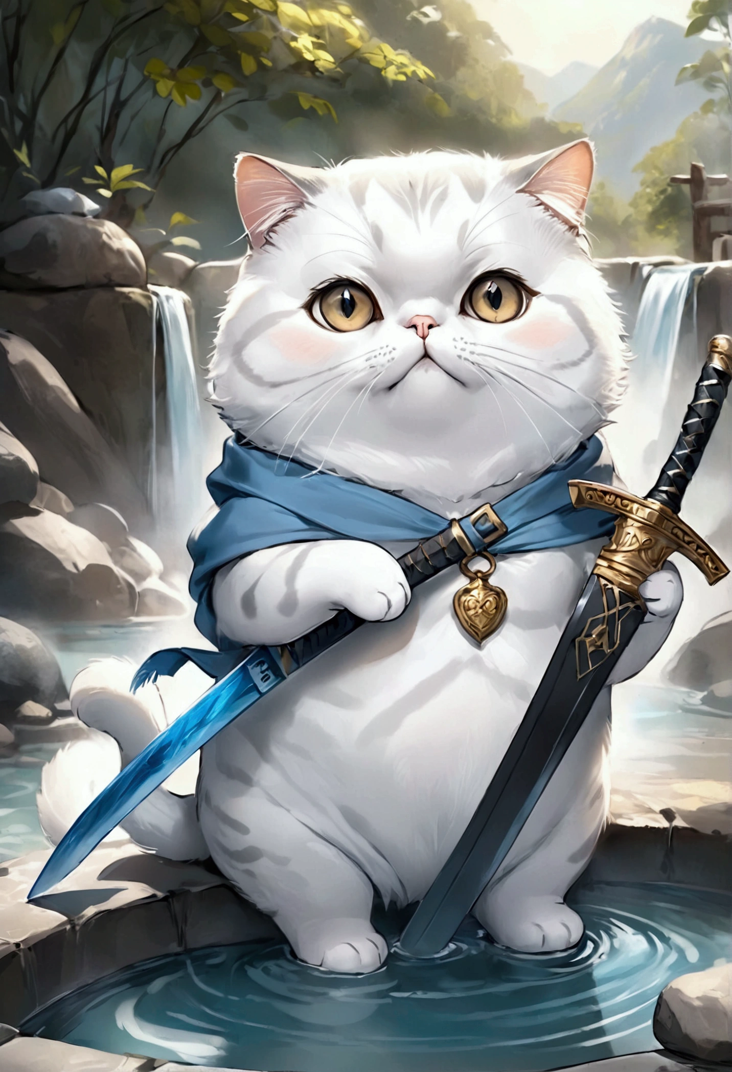 cute adorable Scottish fold lightblue fat cat holding sword, at hot spring, write word "UNC" on chest, adorable digital painting, realistic fantasy art, beautiful digital art
