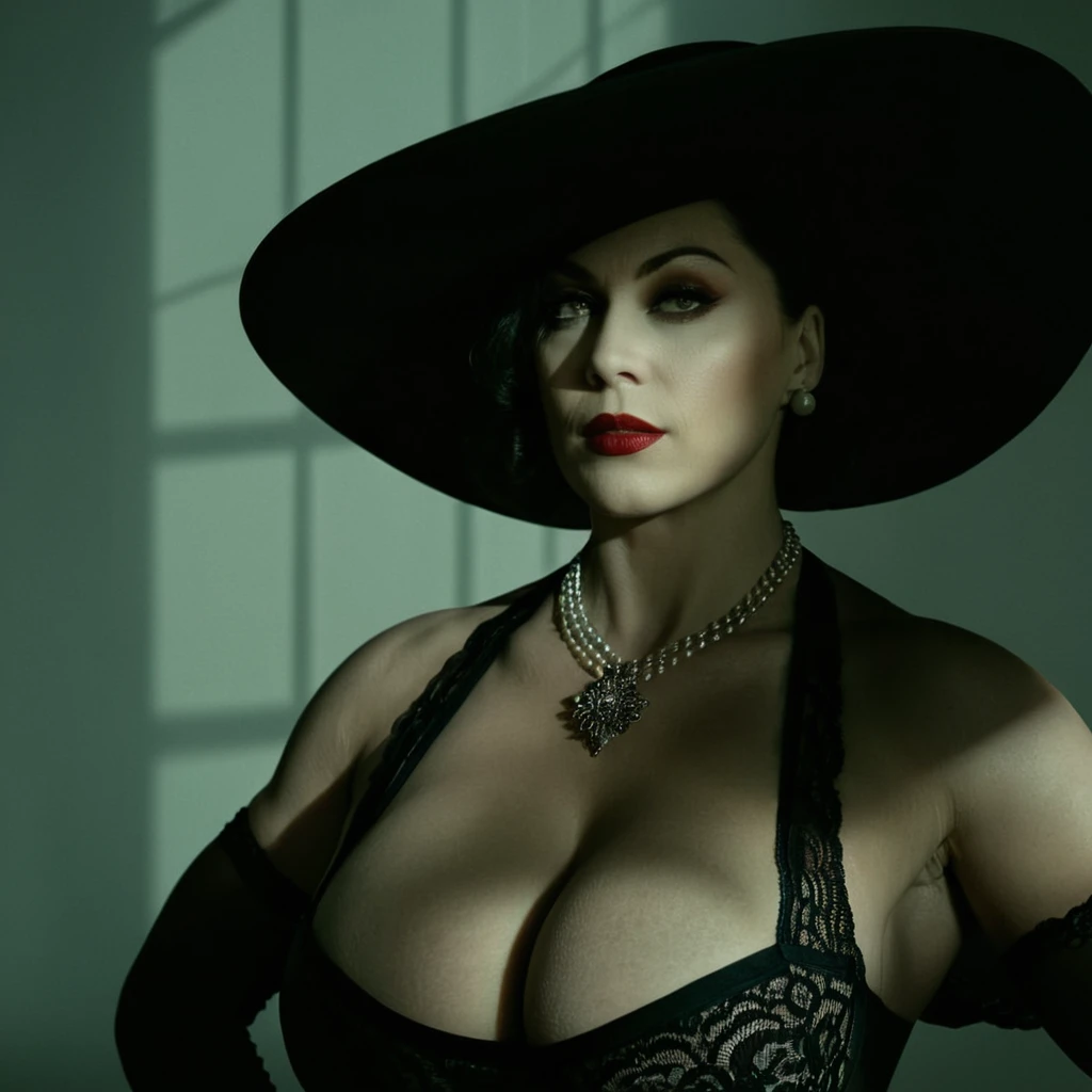 cinematic film still of Alcina Dimitrescu, Mrs. Dimitrescu, muscular, bodybuilding, Women, partially covered in shadow, Face covered in shadow, dramatic light, big breasts , Dimitrescu, White skin, pale skin, Red lips, Alcina Dimitrescu, Mrs. Dimitrescu, muscular, a Women in a black GOOD and a large has, 1 girl, Alone, old, by rubio, large old, simple background, has, neckline, underwear, Upper part of the body, Gray background, GOOD, black GOOD, pale skin, lace trim, sun has, hand in hats, shallow depth of field, viñeta, Very detailed, high budget, bokeh, cinemascope, moody, epic, gorgeous, film grain, grainy