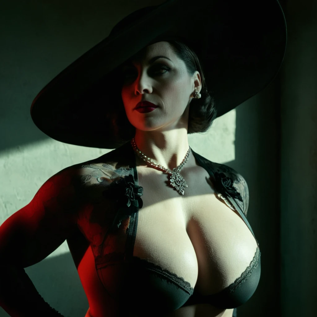 cinematic film still of Alcina Dimitrescu, Mrs. Dimitrescu, muscular, bodybuilding, Women, partially covered in shadow, Face covered in shadow, dramatic light, big breasts , Dimitrescu, White skin, pale skin, Red lips, Alcina Dimitrescu, Mrs. Dimitrescu, muscular, a Women in a black GOOD and a large has, 1 girl, Alone, old, by rubio, large old, simple background, has, neckline, underwear, Upper part of the body, Gray background, GOOD, black GOOD, pale skin, lace trim, sun has, hand in hats, shallow depth of field, viñeta, Very detailed, high budget, bokeh, cinemascope, moody, epic, gorgeous, film grain, grainy