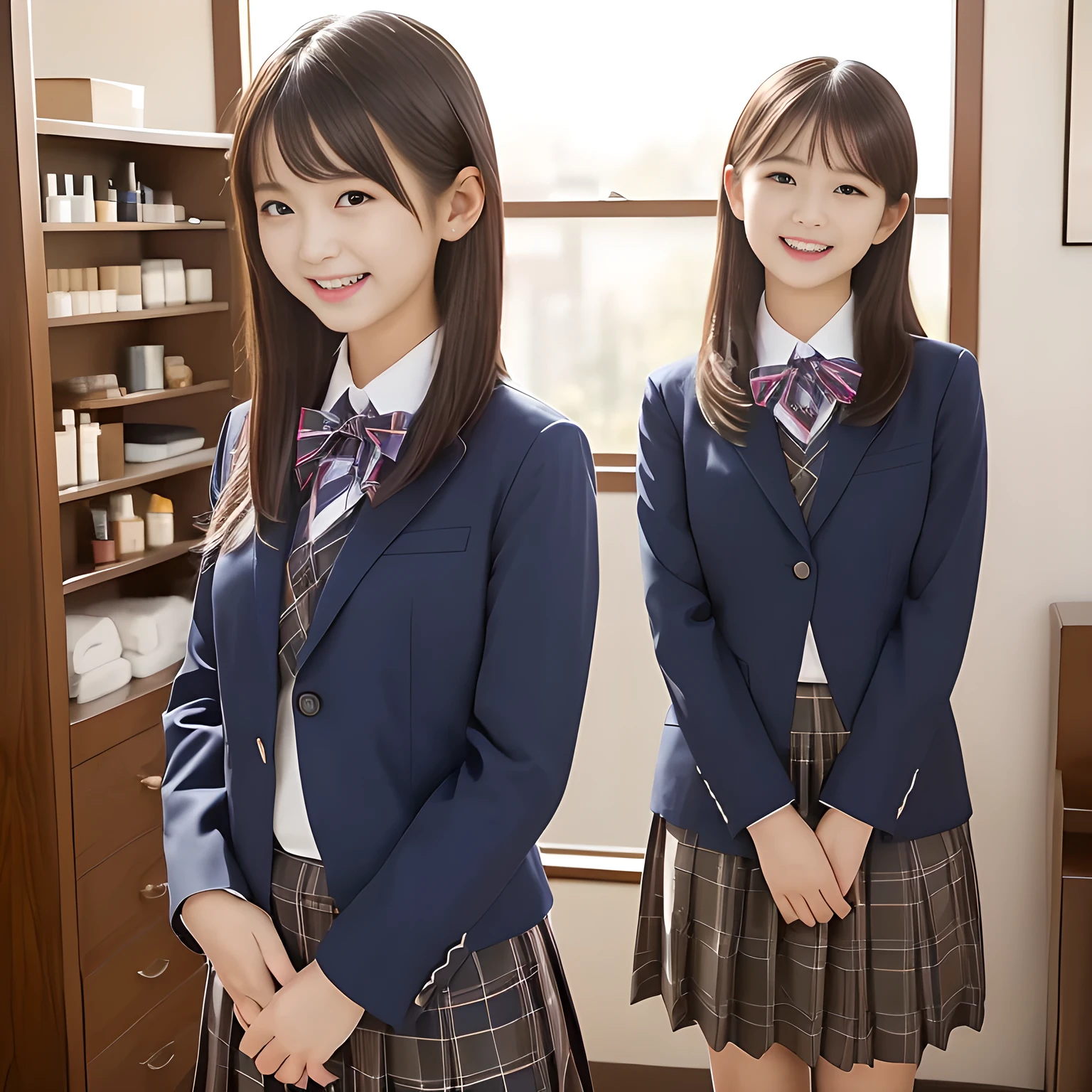 (Highest quality, masterpiece:1.2), Highest quality, High resolution, 1080P, 8k, height: 165cm, ((A noble, graceful and intelligent girl who looks like a best proportion Japanese young lady is turning around and giggling in a strong wind)), ((So sweet, very noble, neat, and pretty Japanese beautiful cute girl)), ((A real, very girly, sweet, cute and noble girl)), ((((A beautiful Japanese cute fashion model)))), ((((Very pure white face and limbs)))), Glossy Lips, (Evenly cut bangs), ((Very beautiful, droopy, cute, pure, noble brown eyes)), ((Super long, black straight hair that reaches the floor)), (Very shiny, glossy Lips), ((Beautiful straight hair like a school promotion model)), Watch at you, ((Incredibly well organized, Rich facial expressions)), ((Plump and beautiful white skin and face)), ((Pure, clear, gentle brown eyes)), ((staring at me)), Glossy Lips, ((noble and elegant)), Very beautiful blue skirt, ((Large upward-curving lips)), White Hand, (((Navy Japanese school blazer with noble golden emblem))), ((Navy and sapphire blue Japanese school uniform)), ((Tartan check pattern pleated long skirt)), ((Cobalt blue string chest ribbon)), ((((An ecstatic expression of boundless joy)))), ((plain white background)), ((perfect body)), (((hair beauty magazine for young girls)))