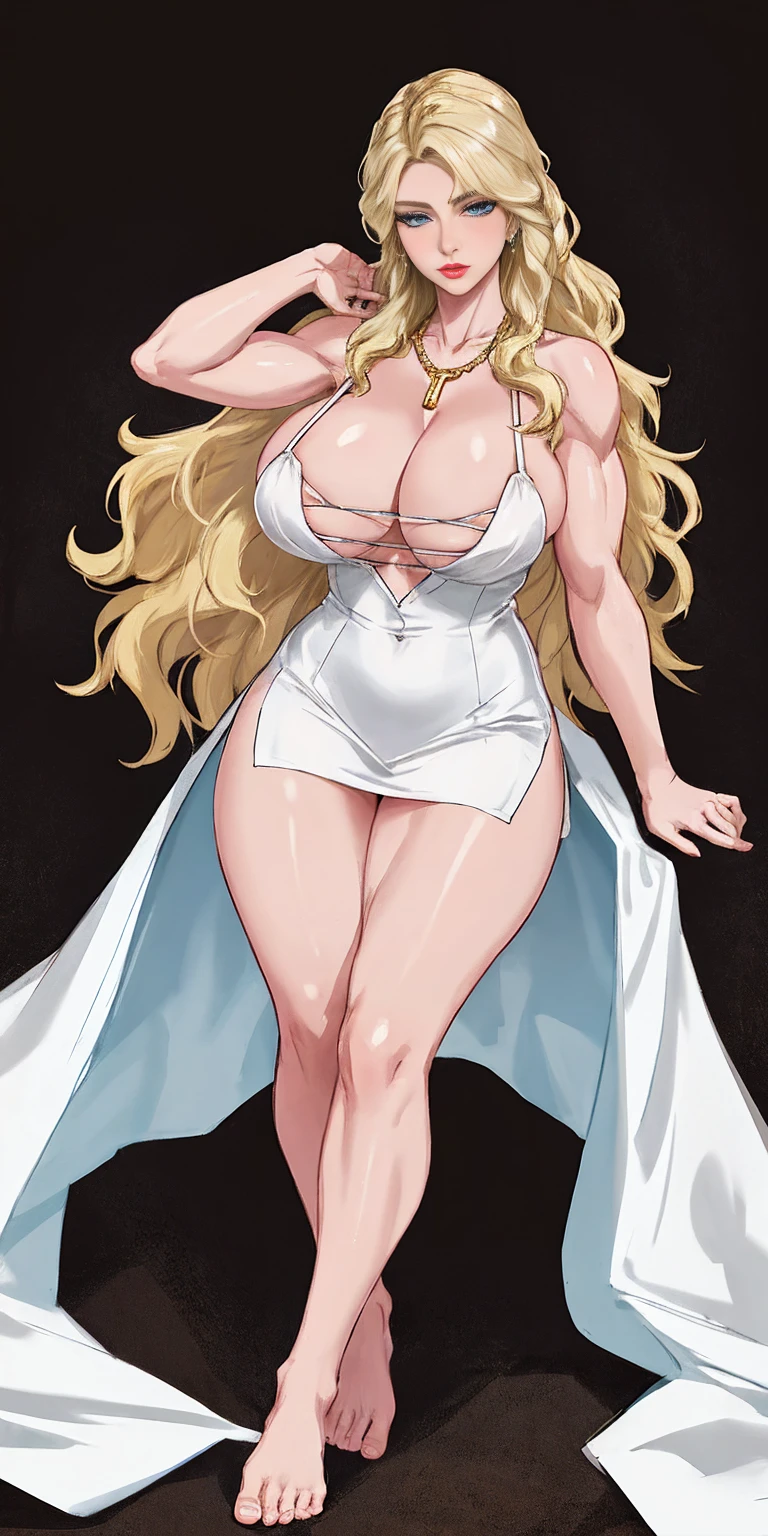 full body of blonde scandinavian goddess muscle tone full body, face of elsa hosk, huge breasts, white silk dress with deep cleavage, bare feet, amber necklace, light blue eyes, golden blonde wavy hair, red lips, seductive gaze, volumetric lighting, realistic, meadow background, thick thighs, muscular body, jewelry, realistic, raw, analog, woman, photorealistic, analog, realism