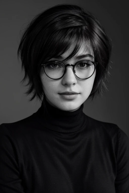 B&amp;W photo, masterpiece, Humanity, Charming chubby Russian fashion model 22 years old with aesthetic small breasts, dark brown eyes, long eyelashes, Sarcastic Look, glasses with lenses, plump sensual lips, ironic one-sided half-smile, very tousled dark brown tousled short hair, spiky tousled hair, black turtleneck sweater, gray background Portrait-Medium plan