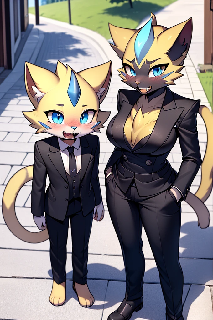 zeraora lora (zeraora)(woman) (small size tits), blush, (27 years old)(young adult),  1girl, 1boy, (good anatomy), (cat teeth),, (front view), perfect body, detailed eyes, sidewalk, solo, feline, [blue] standing, standing straight, medium size ass, detailed mouth, (tailored suit), (black dress pants)