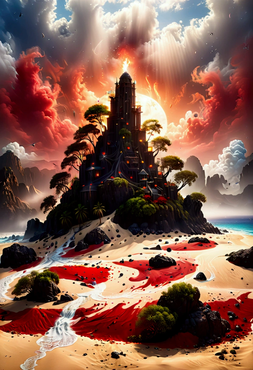 Arafed, an award winning picture, National Geographic picture of an island of mystery, an island of enigma, an island of secrecy, there some palm trees, white and red sand, some mist surrounds the island, it is the time between the night an day, the sun is in the horizon and some stars are still in the sky, the ruins of ancient tower are visible, veins crawling on it, dynamic angle, Ultra-high resolution, High Contrast, (masterpiece:1.5), highest quality, Best aesthetics), 16K fantasy art, best details, best quality, highres, ultra wide angle, 16k, [ultra detailed], masterpiece, best quality, (extremely detailed), 