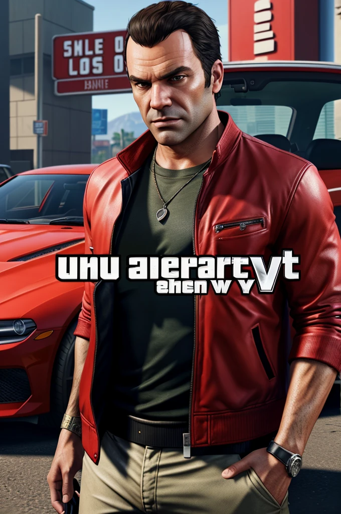 a man in a red jacket standing next to a lion and a red sports car, gta, gta 6 leak, car trading game, mobile game, youtube thumbnail, gameplay video, mobile game style, gameplay, gta 6 gameplay, grand theft auto style, style of gta v, grand theft auto video game, 2 d game art gta cover, 2d game art gta cover, gta 5, gta5, 2d game art gta5 cover, next gen game, game, code