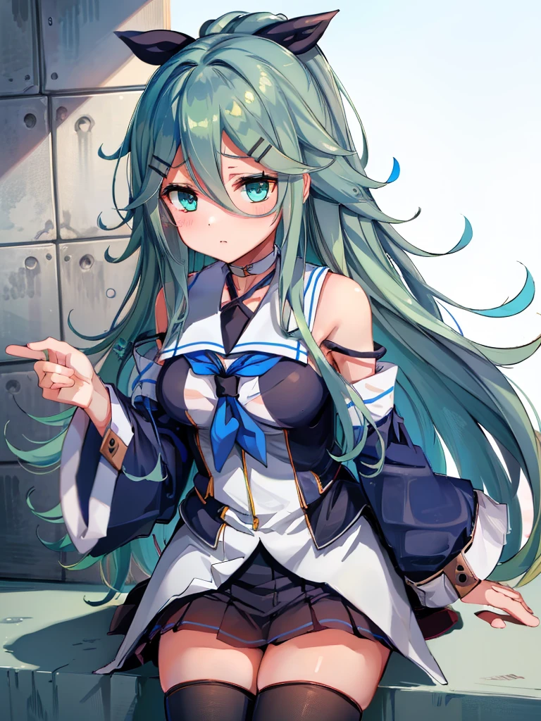 highest quality, masterpiece, High resolution, alone, 1 girl, ligt skirt, show panties, panties, yamakazeKC, 1girl, solo, long hair, skirt, hair ornament, thighhighs, ribbon,, hair ribbon, ponytail, detached sleeves, serafuku, hairclip, neckerchief, parted bangs, blue neckerchief