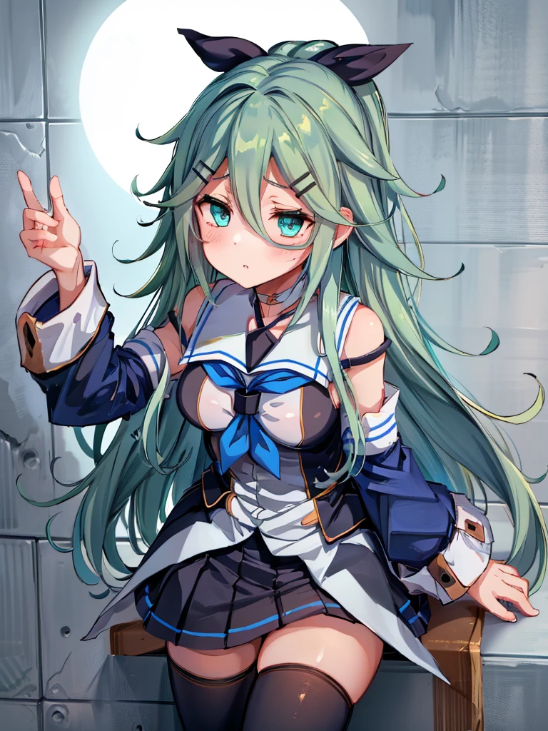 highest quality, masterpiece, High resolution, alone, 1 girl, ligt skirt, ((show panties)), striped panties, yamakazeKC, 1girl, solo, long hair, skirt, hair ornament, thighhighs, ribbon,, hair ribbon, ponytail, detached sleeves, serafuku, hairclip, neckerchief, parted bangs, blue neckerchief