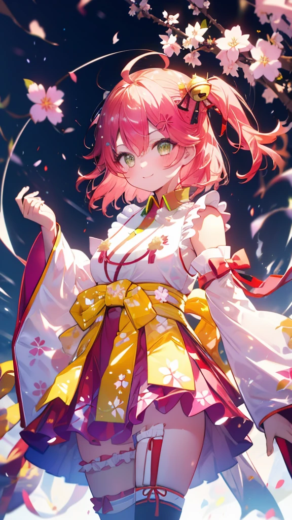 (Ultra-high resolution,masterpiece, Attention to detail, Highest quality), 8k,(MikoBase, long hair, ahoge, one side up, hair bell, cherry blossom print, nontraditional miko, frills, single thighhigh, bridal garter),(Blessed,Captivating body、Ultra-detailed skin、Super beautiful eyes、Detailed Background),One girl、 (cheerful ,enjoy :1.5),