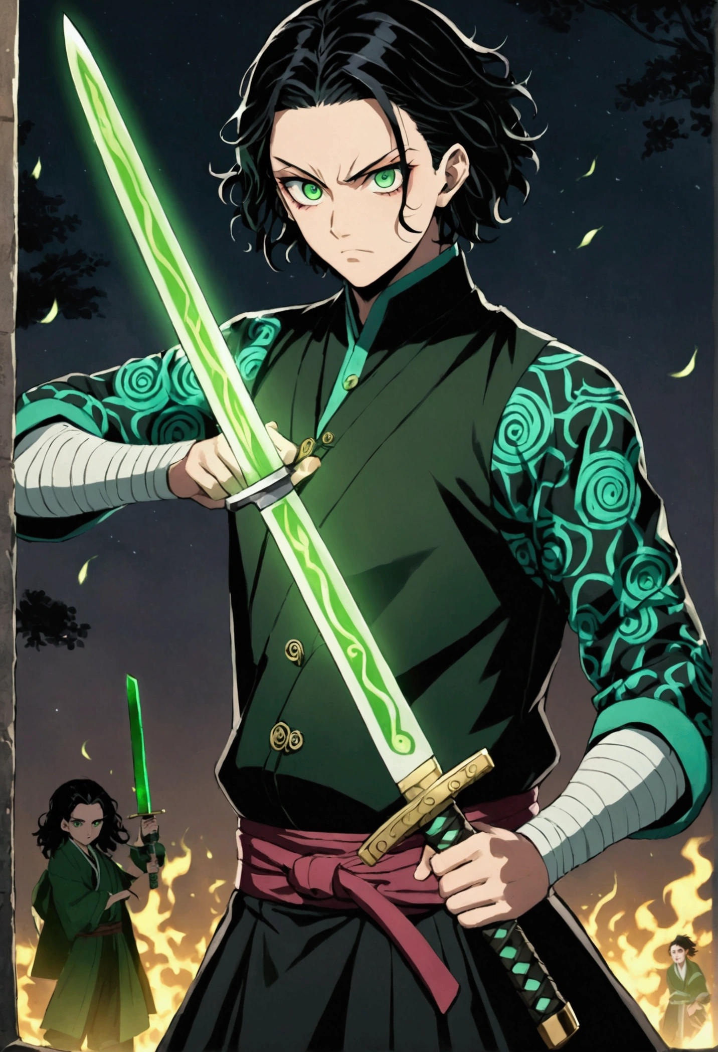One Man, Kimetsu no Yaiba, knife, Toxic breathing techniques, Black clothes, Lime green eyes, Sword slash, Green Sword Aura, Night Background, fix arms, detailed arms and knife, Human version, Toxic Aura Swing, Black hair with a green fade, Masterpiece.