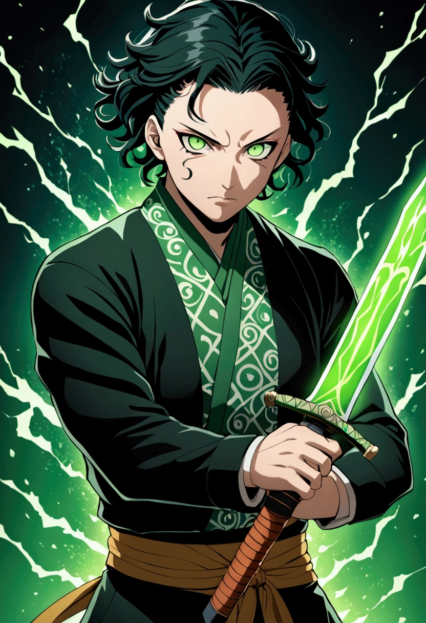 One Man, Kimetsu no Yaiba, knife, Toxic breathing techniques, Black clothes, Lime green eyes, Sword slash, Green Sword Aura, Night Background, fix arms, detailed arms and knife, Human version, Toxic Aura Swing, Black hair with a green fade, Masterpiece.