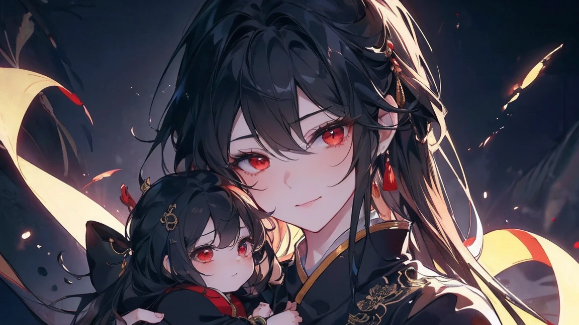 (extremely detailed 8K wallpaper),(ultra-detailed),(best quality),(masterpiece),(highly detailed),(cinematic lighting),(Original),Cold ligh,moody,(Chinese elaborate-style painting ),ink style, black hair, red eyes, sweet smile, sad face, holding her little baby