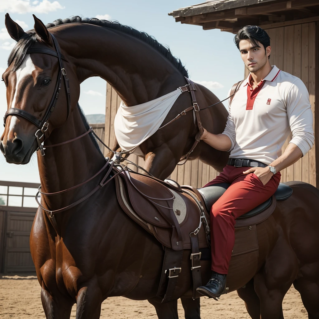 portrait headshot of a A tall 27 year old man in a red and white long sleve polo shirt and white ridding pants and knee length  black boots. Holding a black horse by the harness with his left hand. He has black hair, brown eyes and light tan skin. He is muscular, athletic, and strong. In the background is a stable is a building in which livestock, especially horses, are kept.