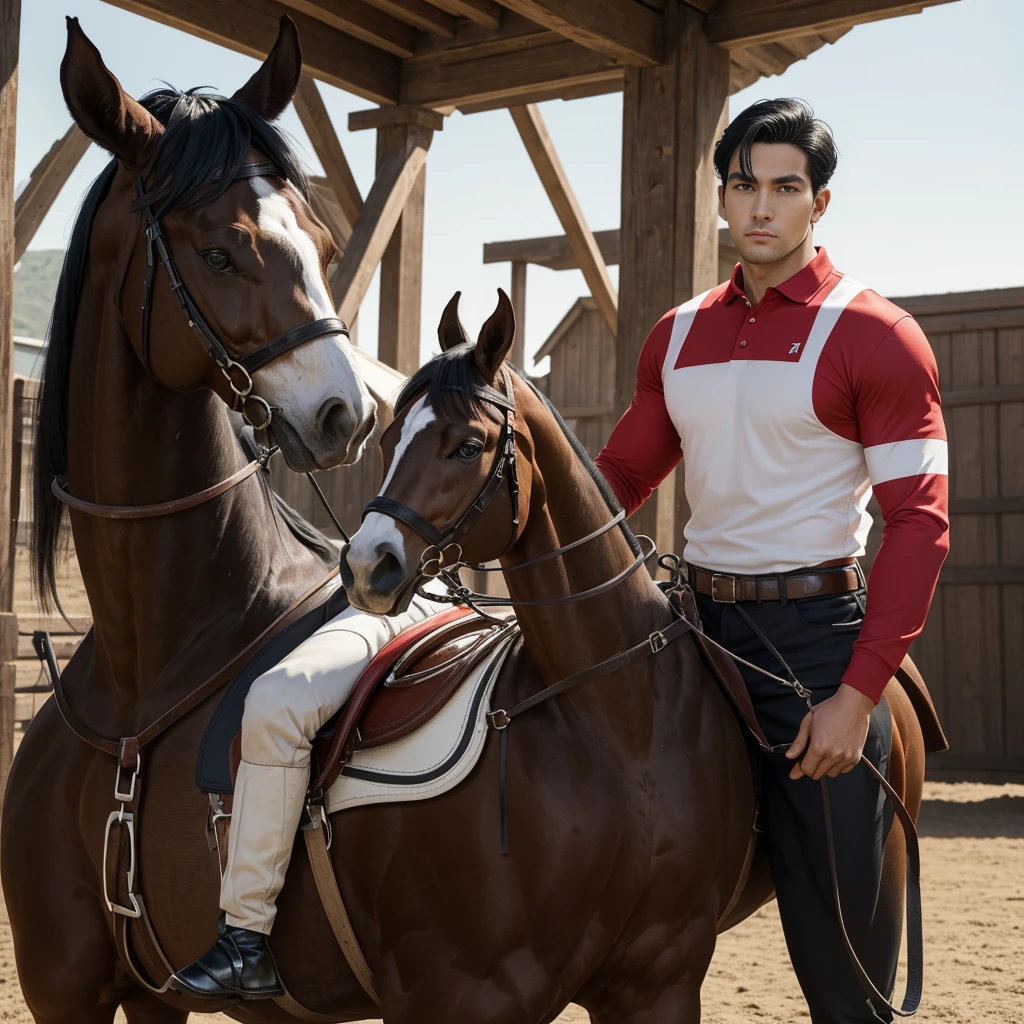portrait headshot of a A tall 27 year old man in a red and white long sleve polo shirt and white ridding pants and knee length  black boots. Holding a black horse by the harness with his left hand. He has black hair, brown eyes and light tan skin. He is muscular, athletic, and strong. In the background is a stable is a building in which livestock, especially horses, are kept.